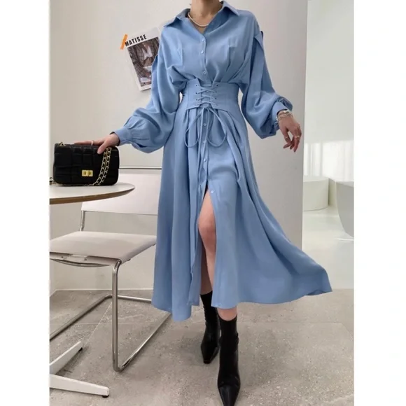 NWOT Korean Brand Black Corset Lace Up Long Belted Button Down Dress - Picture 11 of 16